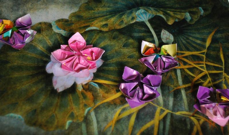 荷花折纸拼贴画作品