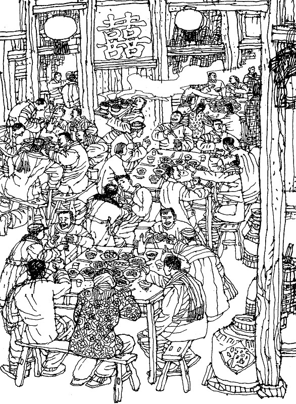 品味着漂浮着馨香,浸透着欢乐的乡村宴席,人们在桌子上吃菜喝酒,谈笑